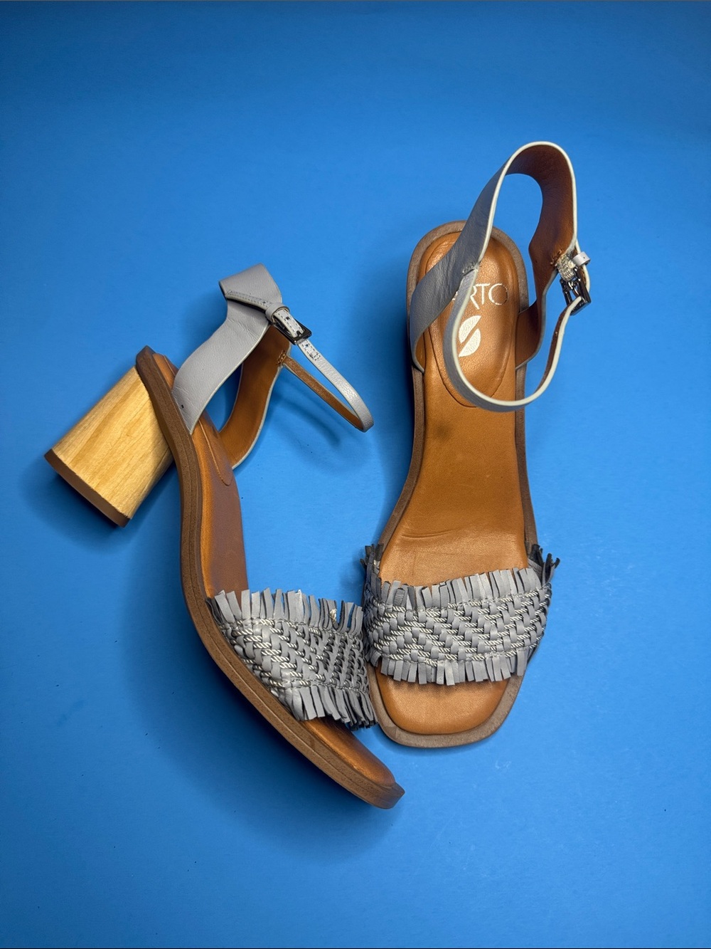 Franco Sarto Women’s Gray Woven Fringe Block Heel Sandals